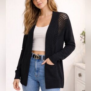 Anthro Silence & Noise Open Knit Crocheted Back Cardigan Trendy Black Sweater M
